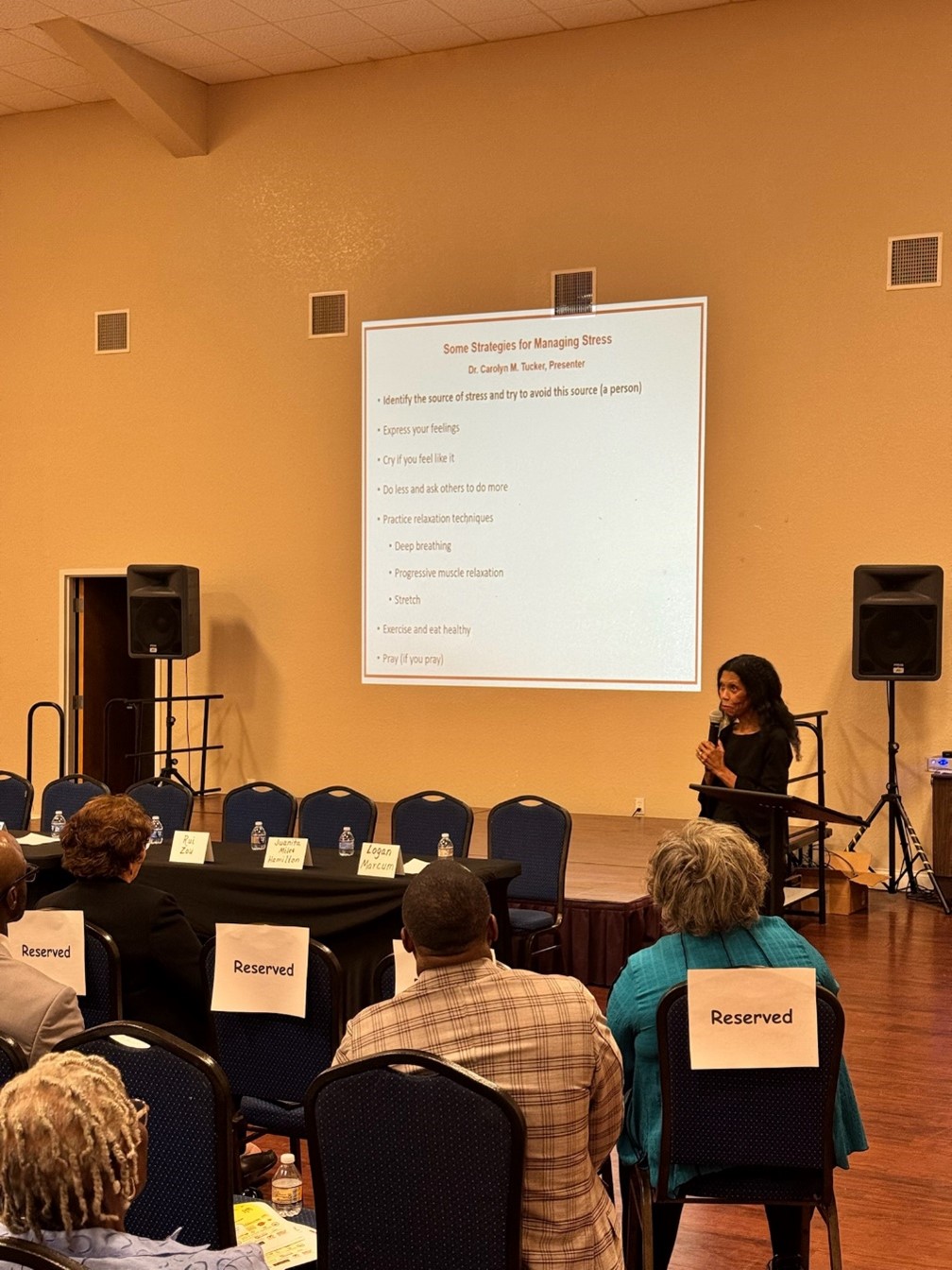 Dr. Tucker presenting stress management strategies